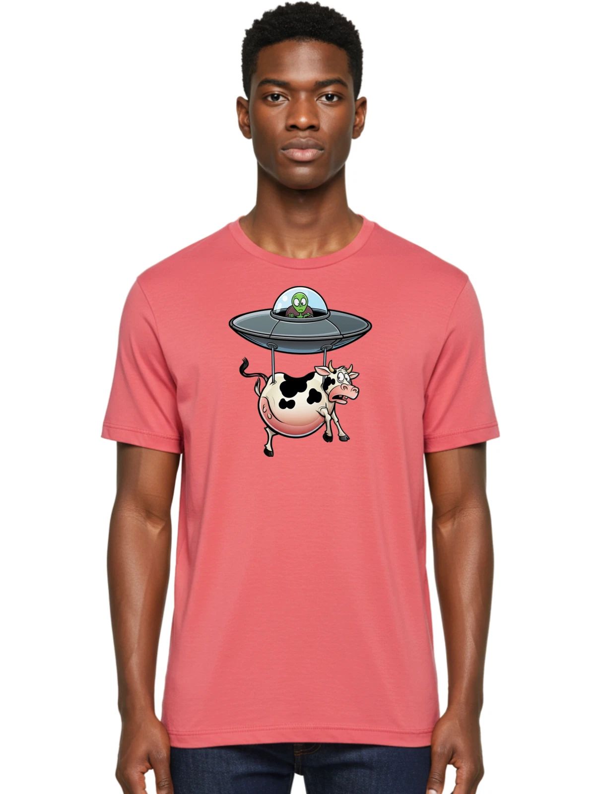 Alien-Abducting-Cow Mens Graphic Tee, 100% Cotton, Casual Summer Wear Unisex T-shirt, Sweatshirt, Hoodie, Long Sleeve Tee - T-Shirt, Sweatshirt, Hoodie