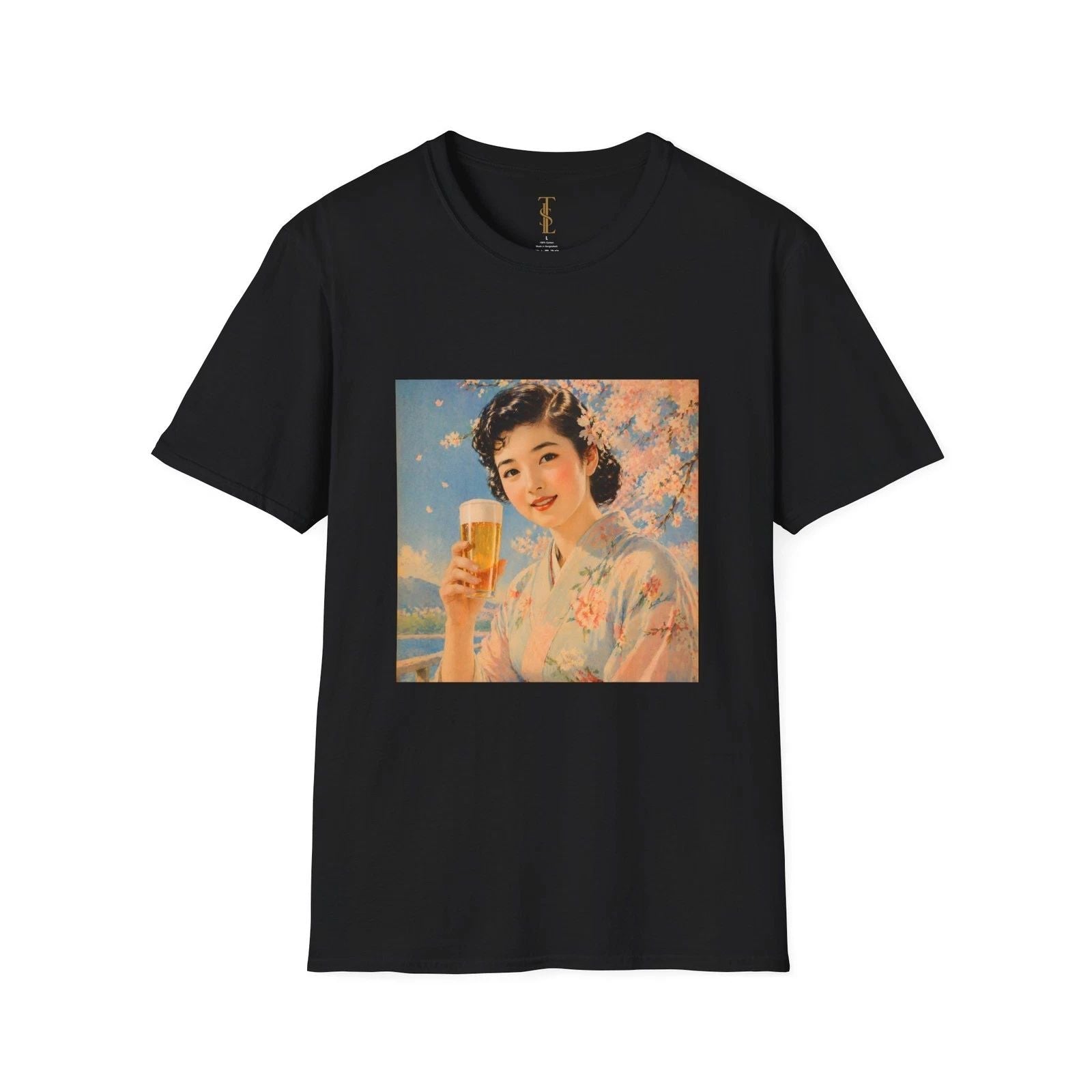 Vintage Japanese Woman Holding Beer T-Shirt | Sakura Kimono Retro Art Unisex T-shirt, Sweatshirt, Hoodie, Long Sleeve Tee - T-Shirt, Sweatshirt, Hoodie
