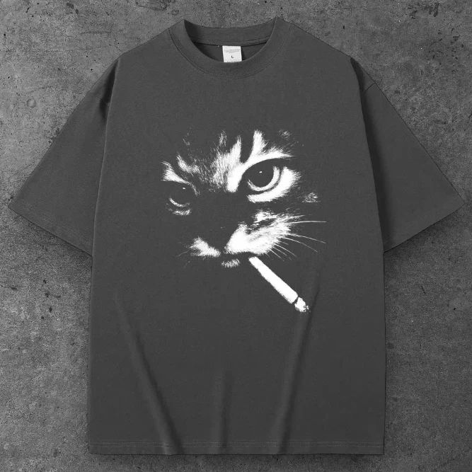 Unisex Smoking Cat Oversized T Shirt Dark Gray Y2K Grunge Streetwear S-2XL Unisex T-shirt, Sweatshirt, Hoodie, Long Sleeve Tee - T-Shirt, Sweatshirt, Hoodie