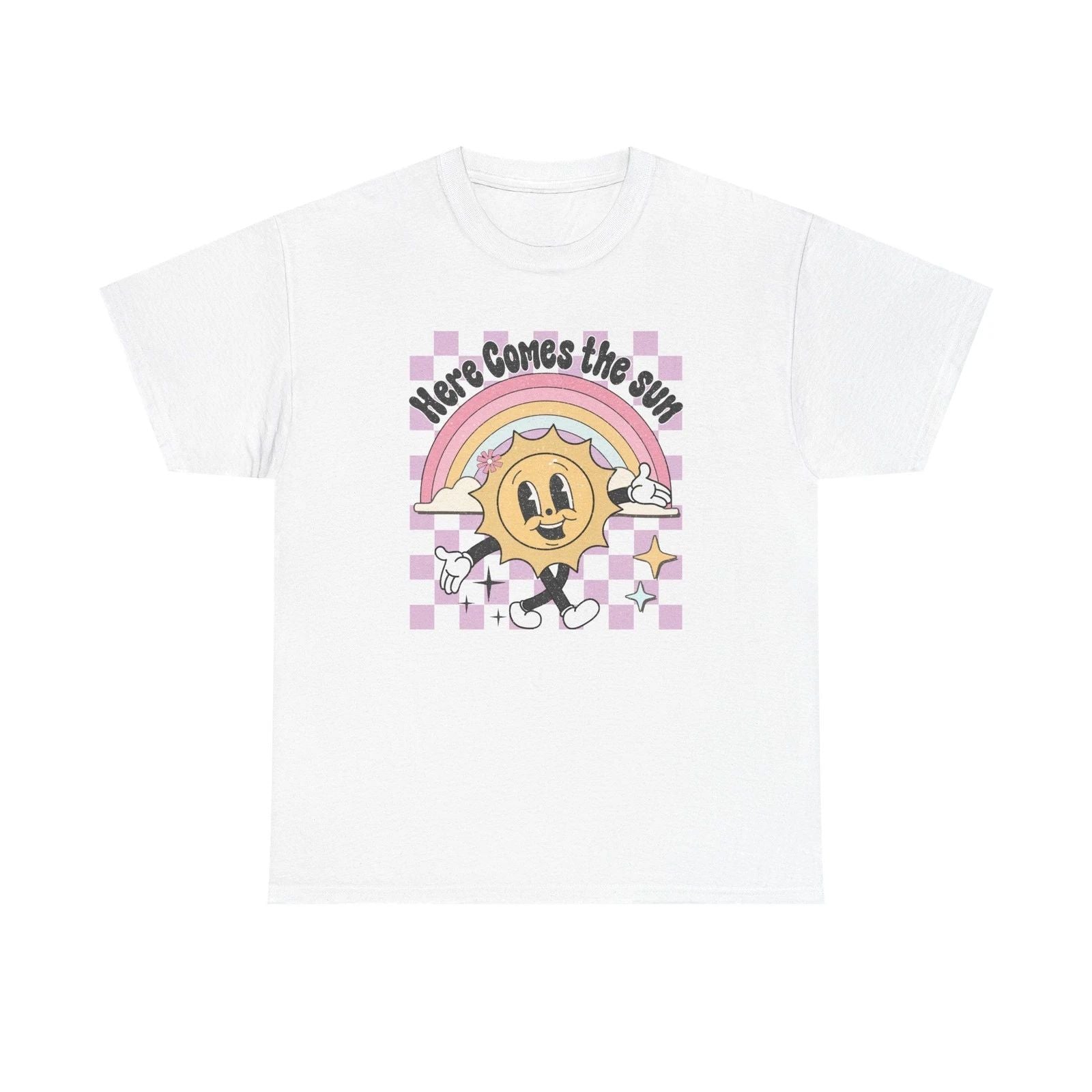 Here Comes the Sun tee | Retro smiling sun rainbow, checkerboard Unisex T-shirt, Sweatshirt, Hoodie, Long Sleeve Tee - T-Shirt, Sweatshirt, Hoodie