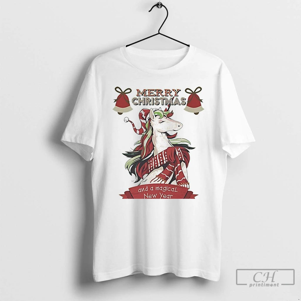 Classic Elegant Christmas Unicorn Scarf Merry Holiday White T Shirts Unisex T-shirt, Sweatshirt, Hoodie, Long Sleeve Tee - T-Shirt, Sweatshirt, Hoodie