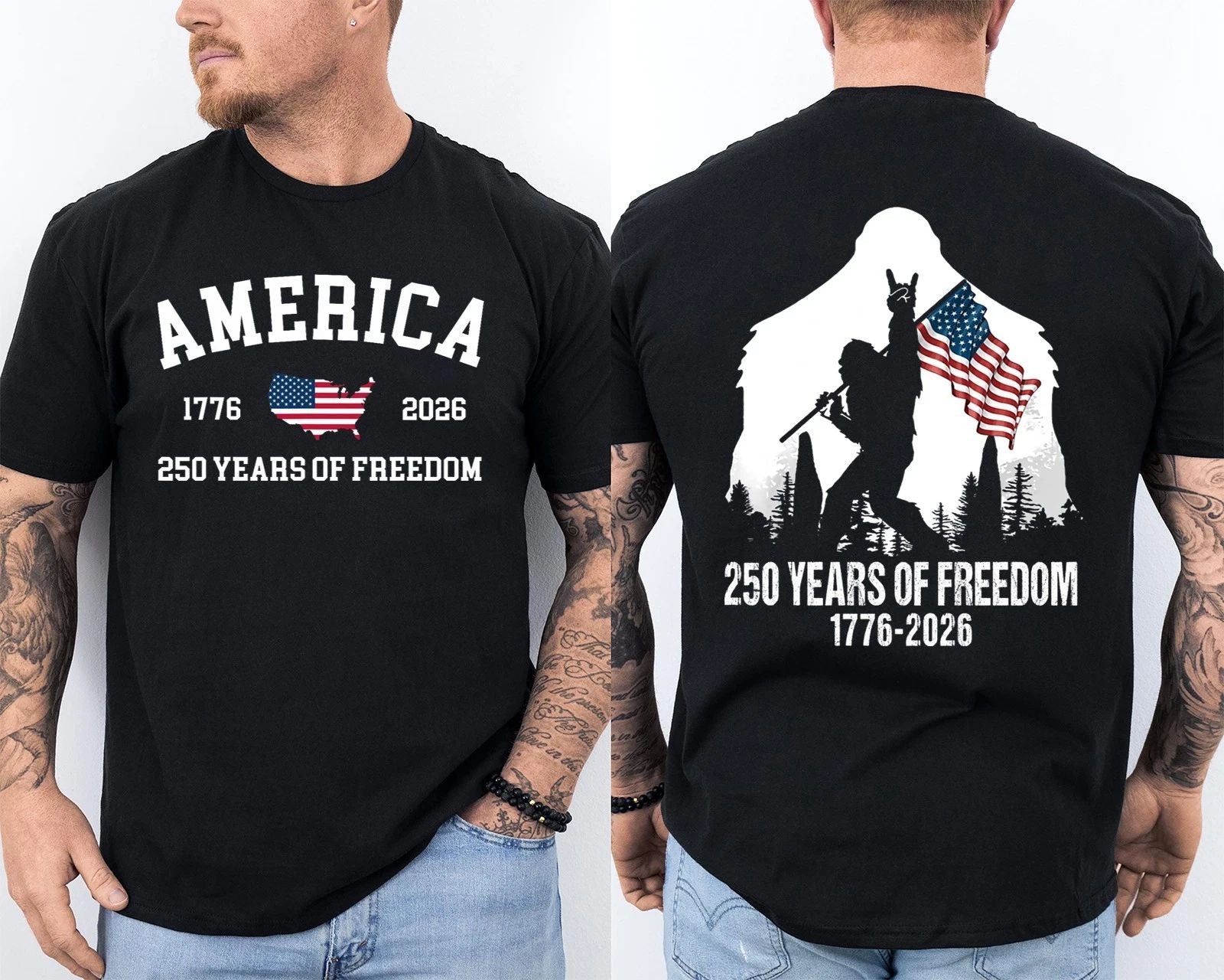 Bigfoot Sasquatch Flag 250 Years 1776-2026 250th Anniversary USA 2 Sided Tee Unisex T-shirt, Sweatshirt, Hoodie, Long Sleeve Tee - T-Shirt, Sweatshirt, Hoodie