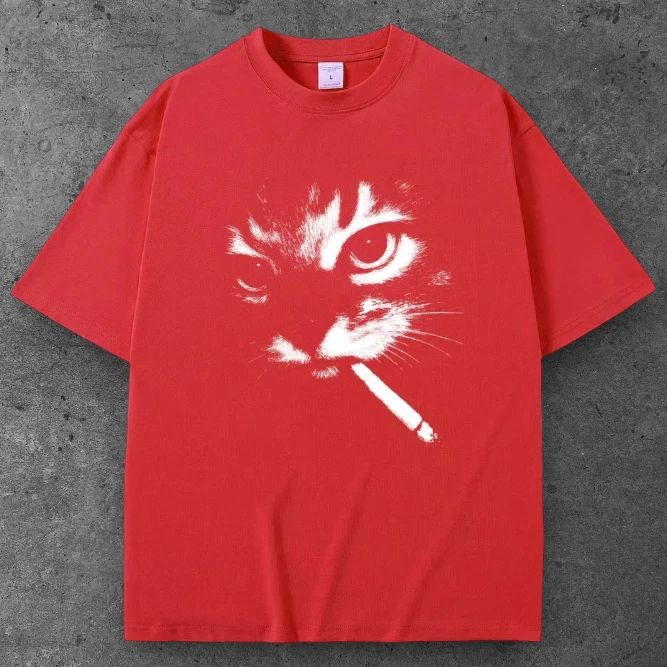 Unisex Cat Cigarette Oversized T Shirt Red Y2K Casual Streetwear S-2XL Unisex T-shirt, Sweatshirt, Hoodie, Long Sleeve Tee - T-Shirt, Sweatshirt, Hoodie