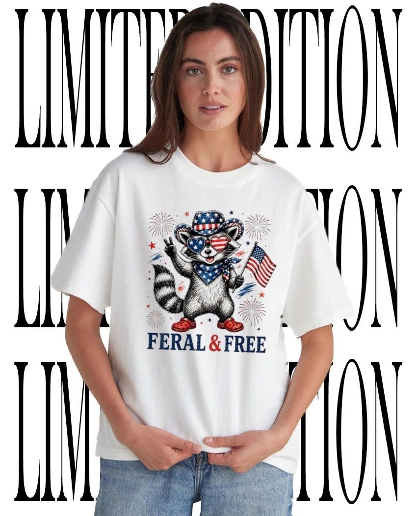 Raccoon American Cowboy Independence Day Fourth of July Feral and Free shirt Unisex T-shirt, Sweatshirt, Hoodie, Long Sleeve Tee - T-Shirt, Sweatshirt, Hoodie