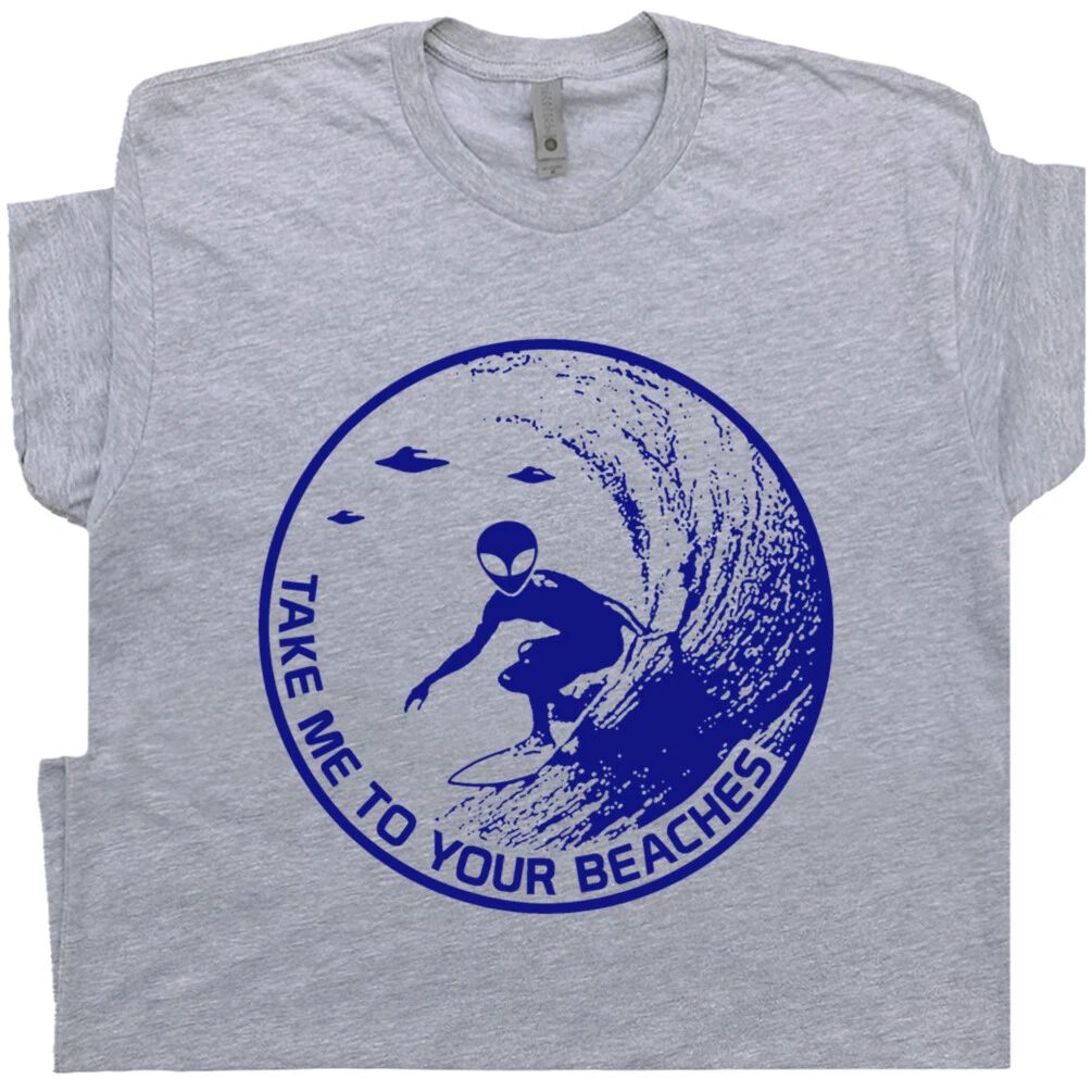 Surfing Alien T Shirt Cool Surf Tee Shirts Vintage Retro UFO Surfer Tshirt Unisex T-shirt, Sweatshirt, Hoodie, Long Sleeve Tee - T-Shirt, Sweatshirt, Hoodie