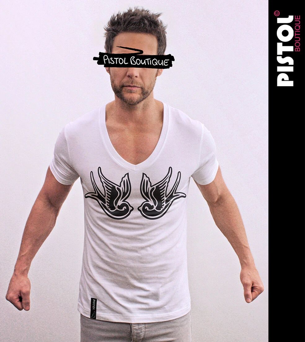 Pistol Boutique men's White Fitted Deep V neck CHEST TATTOO SWALLOWS T-shirt Unisex T-shirt, Sweatshirt, Hoodie, Long Sleeve Tee - T-Shirt, Sweatshirt, Hoodie