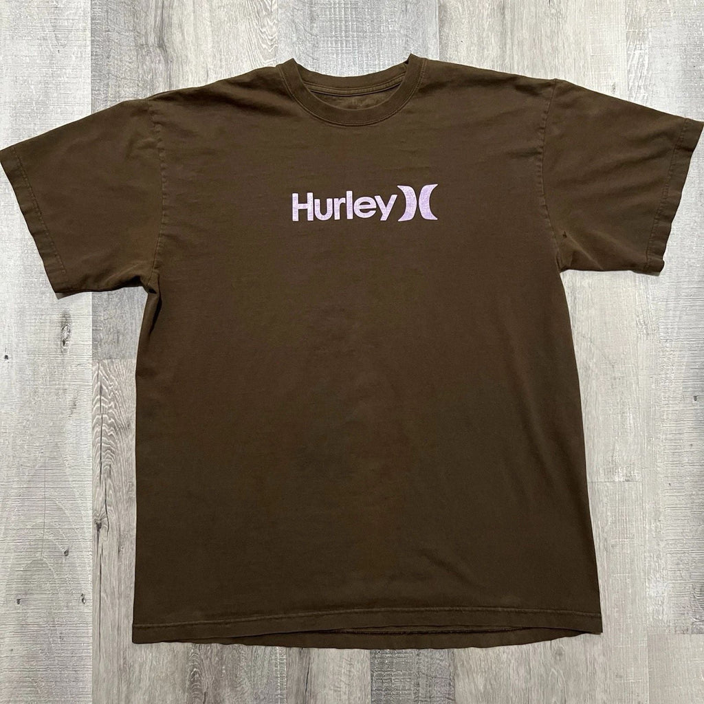 Hurley T-Shirt Mens XL Brown Short Sleeve Purple Spell Out Logo Crew Neck Surf Unisex T-shirt, Sweatshirt, Hoodie, Long Sleeve Tee - T-Shirt, Sweatshirt, Hoodie