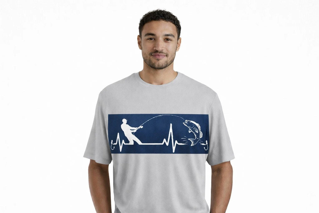 Fishing Heartbeat Graphic T-Shirt Light Grey Mens M, L, XL Casual Streetwear Unisex T-shirt, Sweatshirt, Hoodie, Long Sleeve Tee - T-Shirt, Sweatshirt, Hoodie