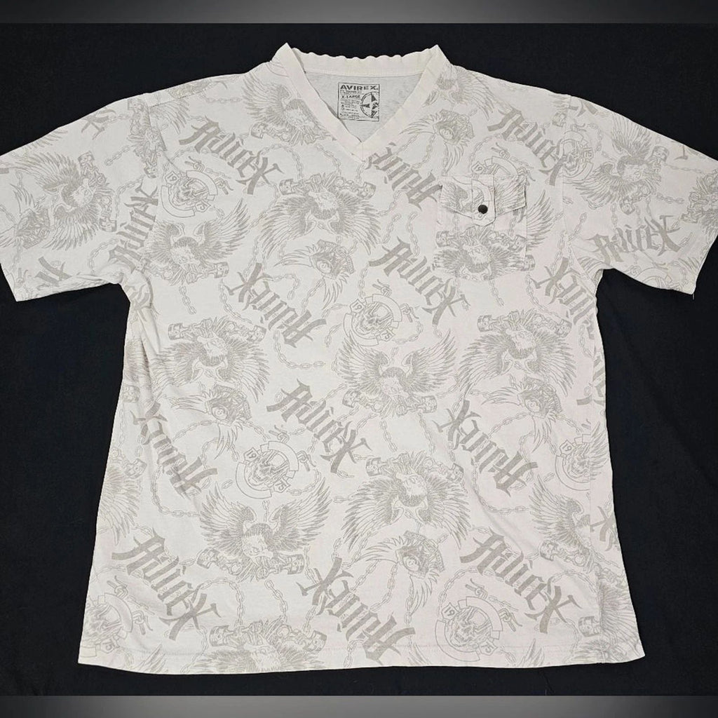 Avirex X-Large Graphic V-Neck Tee  All Over Chain & Eagle Print  White/Grey Unisex T-shirt, Sweatshirt, Hoodie, Long Sleeve Tee - T-Shirt, Sweatshirt, Hoodie