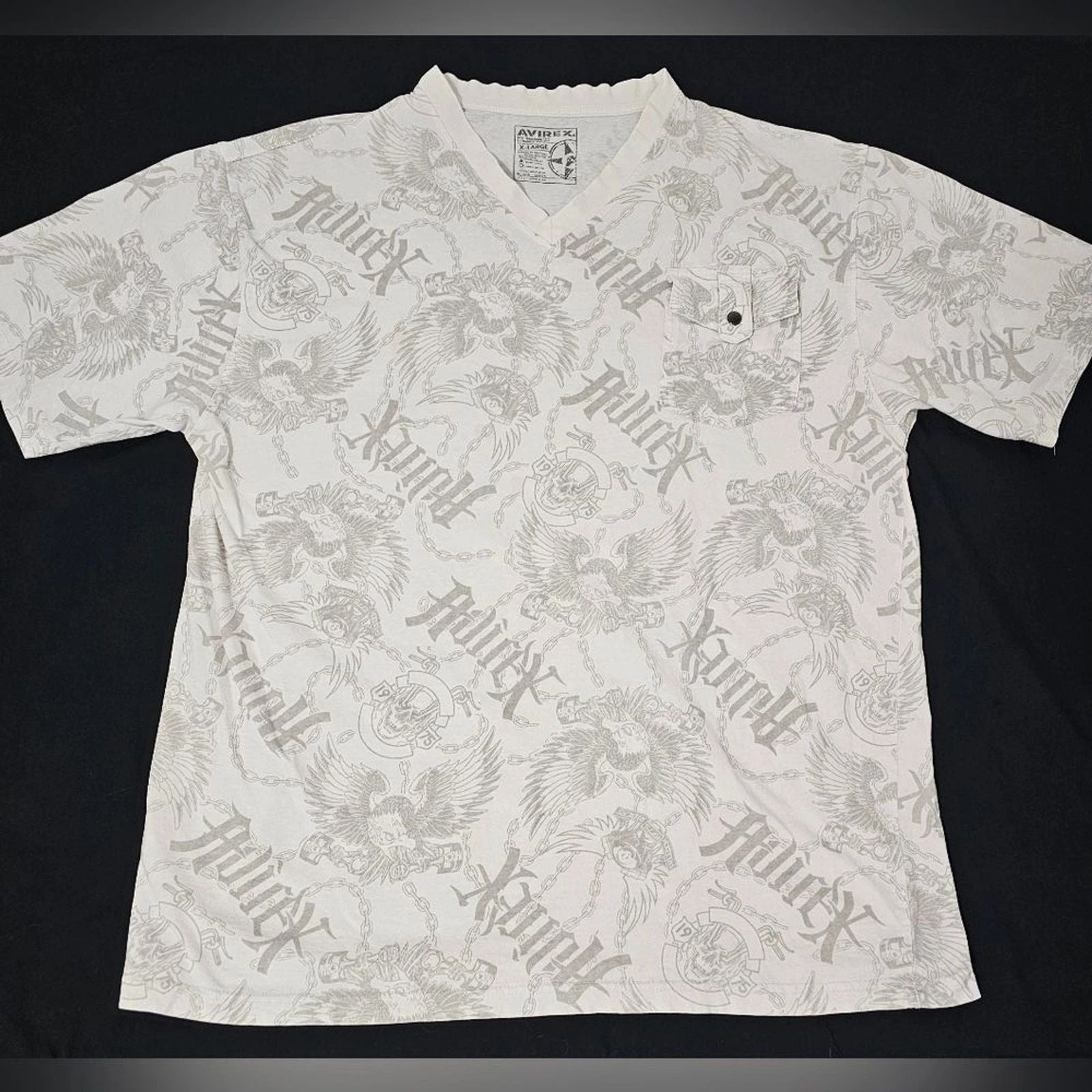 Avirex X-Large Graphic V-Neck Tee  All Over Chain & Eagle Print  White/Grey Unisex T-shirt, Sweatshirt, Hoodie, Long Sleeve Tee - T-Shirt, Sweatshirt, Hoodie