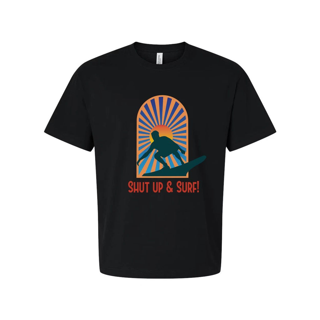 Unisex Surfing Graphic Tee With Sunburst Arch Silhouette Of Surfer And Retro Sty Unisex T-shirt, Sweatshirt, Hoodie, Long Sleeve Tee - T-Shirt, Sweatshirt, Hoodie