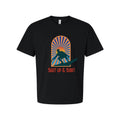 Unisex Surfing Graphic Tee With Sunburst Arch Silhouette Of Surfer And Retro Sty Unisex T-shirt, Sweatshirt, Hoodie, Long Sleeve Tee - T-Shirt, Sweatshirt, Hoodie