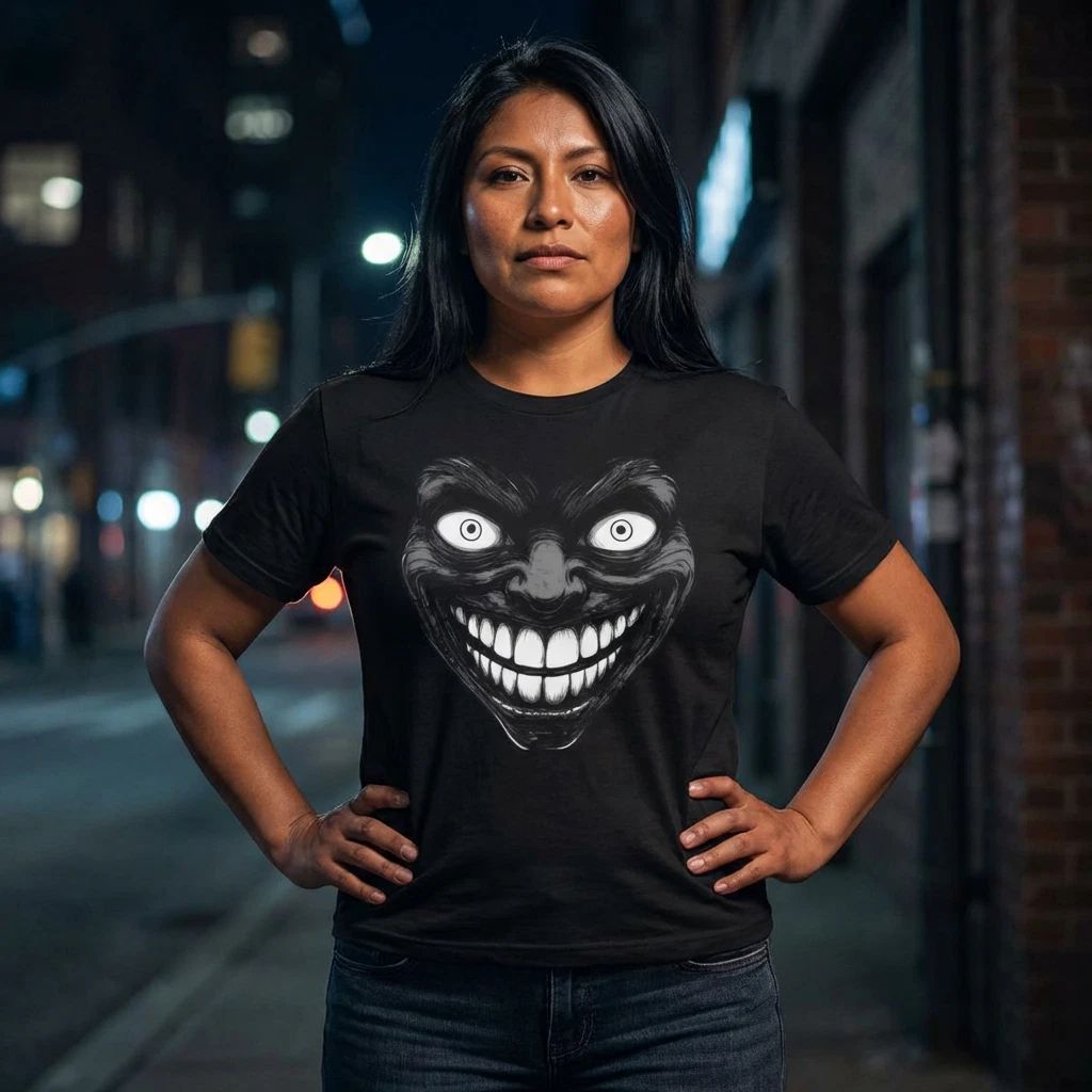 Creepy Grinning Face T-Shirt | Horror Smiling  Tee Unisex T-shirt, Sweatshirt, Hoodie, Long Sleeve Tee - T-Shirt, Sweatshirt, Hoodie