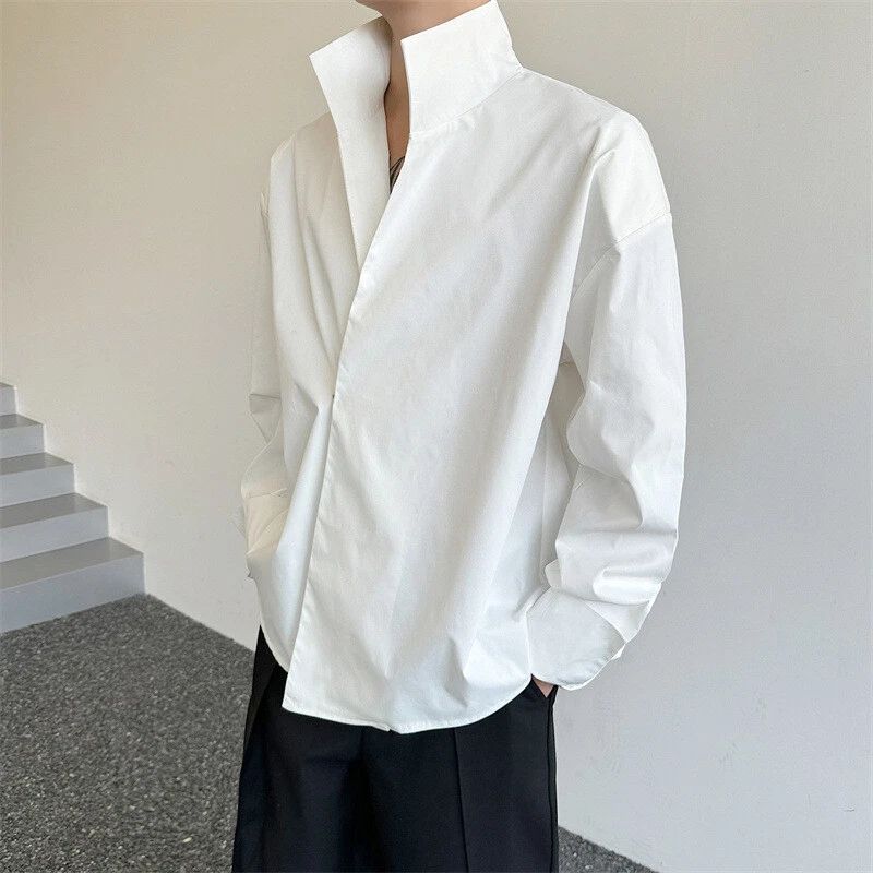 New Mens Casual Loose Simple Irregular Stand Collar Long Sleeve Shirt Tops Party Unisex T-shirt, Sweatshirt, Hoodie, Long Sleeve Tee - T-Shirt, Sweatshirt, Hoodie