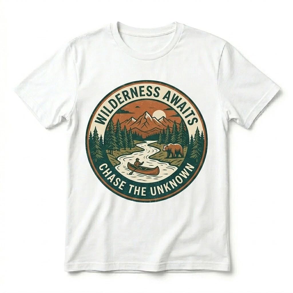 Wilderness Awaits T-Shirt Chase The Unknown Mountain Bear Canoe Vintage Nature T Unisex T-shirt, Sweatshirt, Hoodie, Long Sleeve Tee - T-Shirt, Sweatshirt, Hoodie