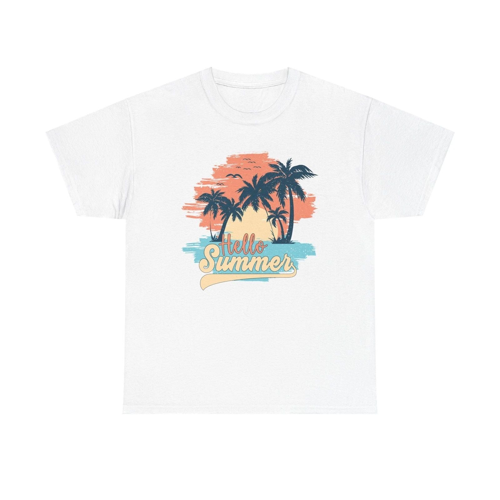 Hello Summer Palm Trees Tee | Vintage Sunset Beach Graphic Unisex T-shirt, Sweatshirt, Hoodie, Long Sleeve Tee - T-Shirt, Sweatshirt, Hoodie