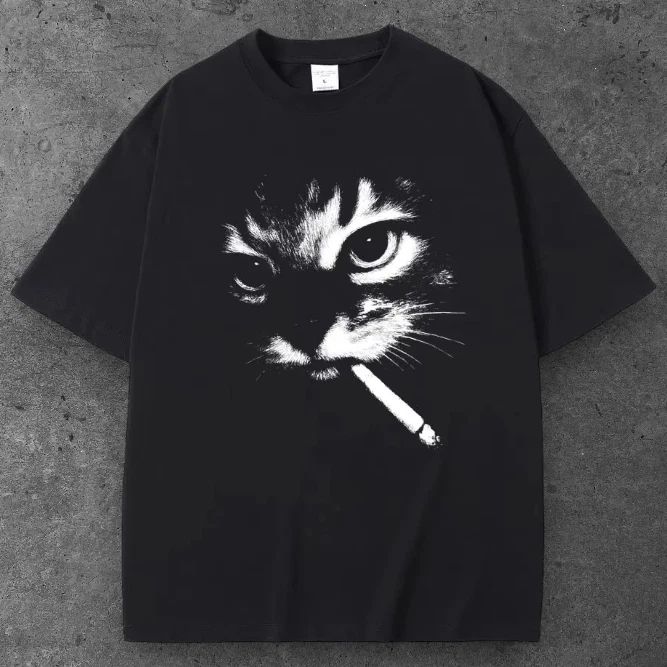 Unisex Smoking Cat Oversized T Shirt Black Y2K Grunge Streetwear S-2XL Unisex T-shirt, Sweatshirt, Hoodie, Long Sleeve Tee - T-Shirt, Sweatshirt, Hoodie