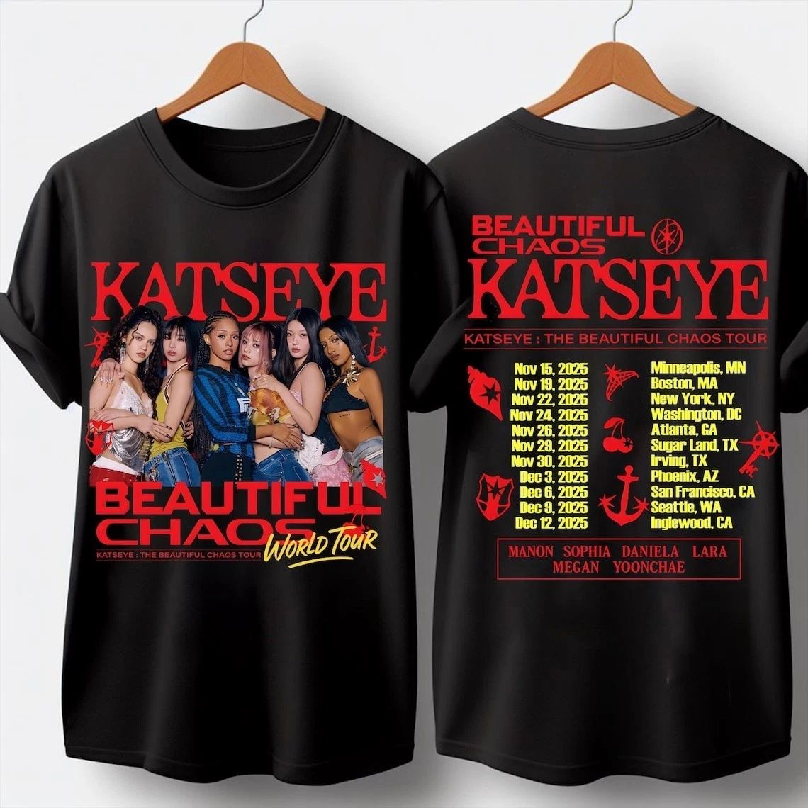 Katseye The Beautiful Chaos Tour 2025 T-shirt, Katseye Beautiful Chaos Tracklist Unisex T-shirt, Sweatshirt, Hoodie, Long Sleeve Tee - T-Shirt, Sweatshirt, Hoodie