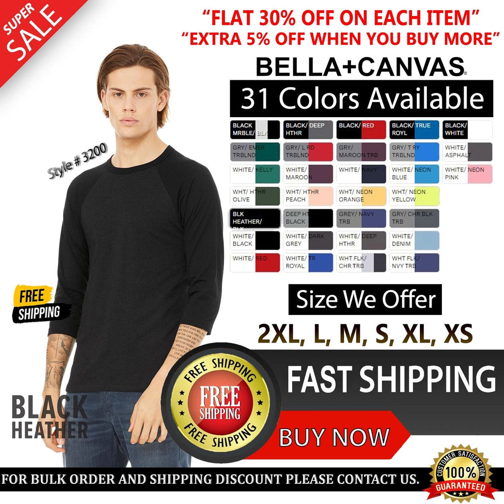 Bella + Canvas Unisex 3/4-Sleeve Baseball T-Shirt 3200 Top T Shirt XS-2XL Tee Unisex T-shirt, Sweatshirt, Hoodie, Long Sleeve Tee - T-Shirt, Sweatshirt, Hoodie