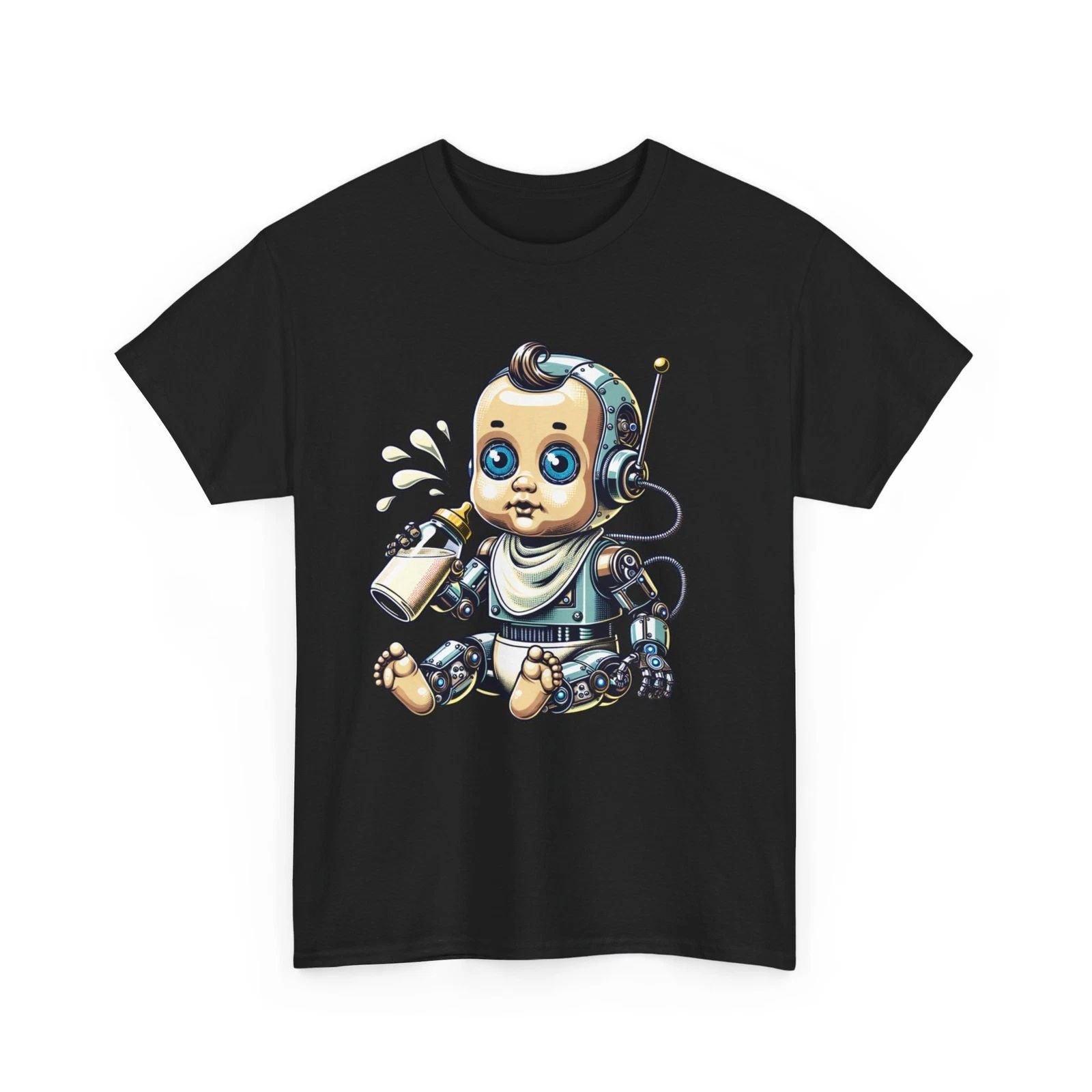 Unisex Adult T Shirt Funny Sci Fi Robot Baby Pop Art Drinking Milk Cyborg Humor Unisex T-shirt, Sweatshirt, Hoodie, Long Sleeve Tee - T-Shirt, Sweatshirt, Hoodie