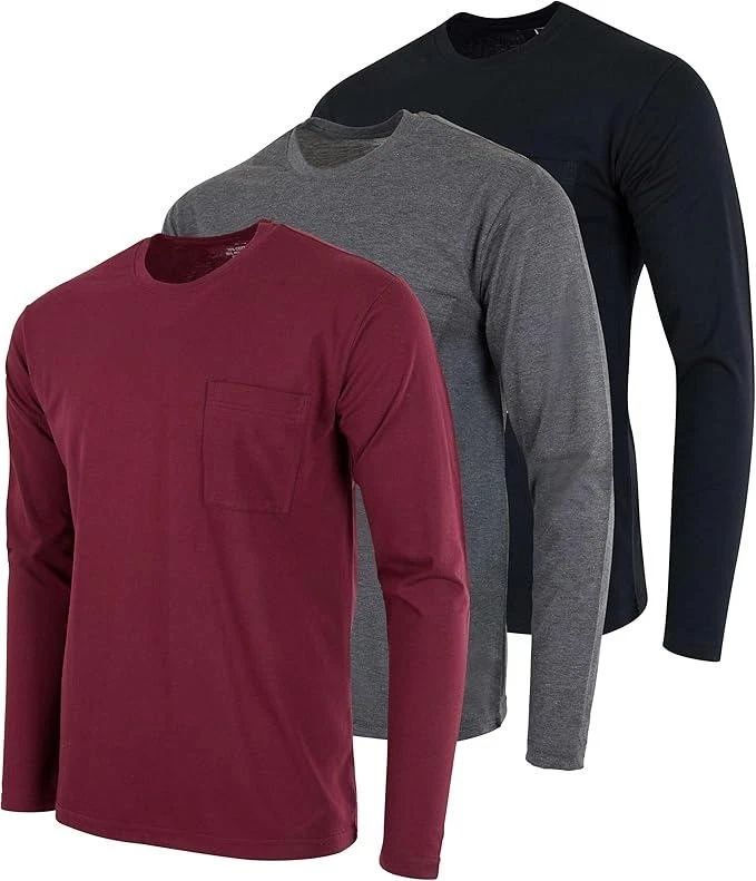 Real Essentials 3 Pack: Mens Cotton Long Sleeves Pocket Tops Tee Shirts Size M Unisex T-shirt, Sweatshirt, Hoodie, Long Sleeve Tee - T-Shirt, Sweatshirt, Hoodie