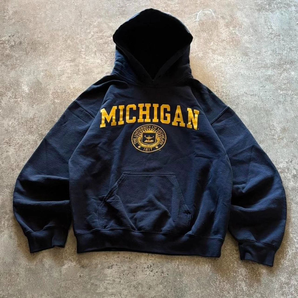 University of Michigan Spell Out Navy Hoodie Wolverines Sweatshirt Unisex T-shirt, Sweatshirt, Hoodie, Long Sleeve Tee - T-Shirt, Sweatshirt, Hoodie
