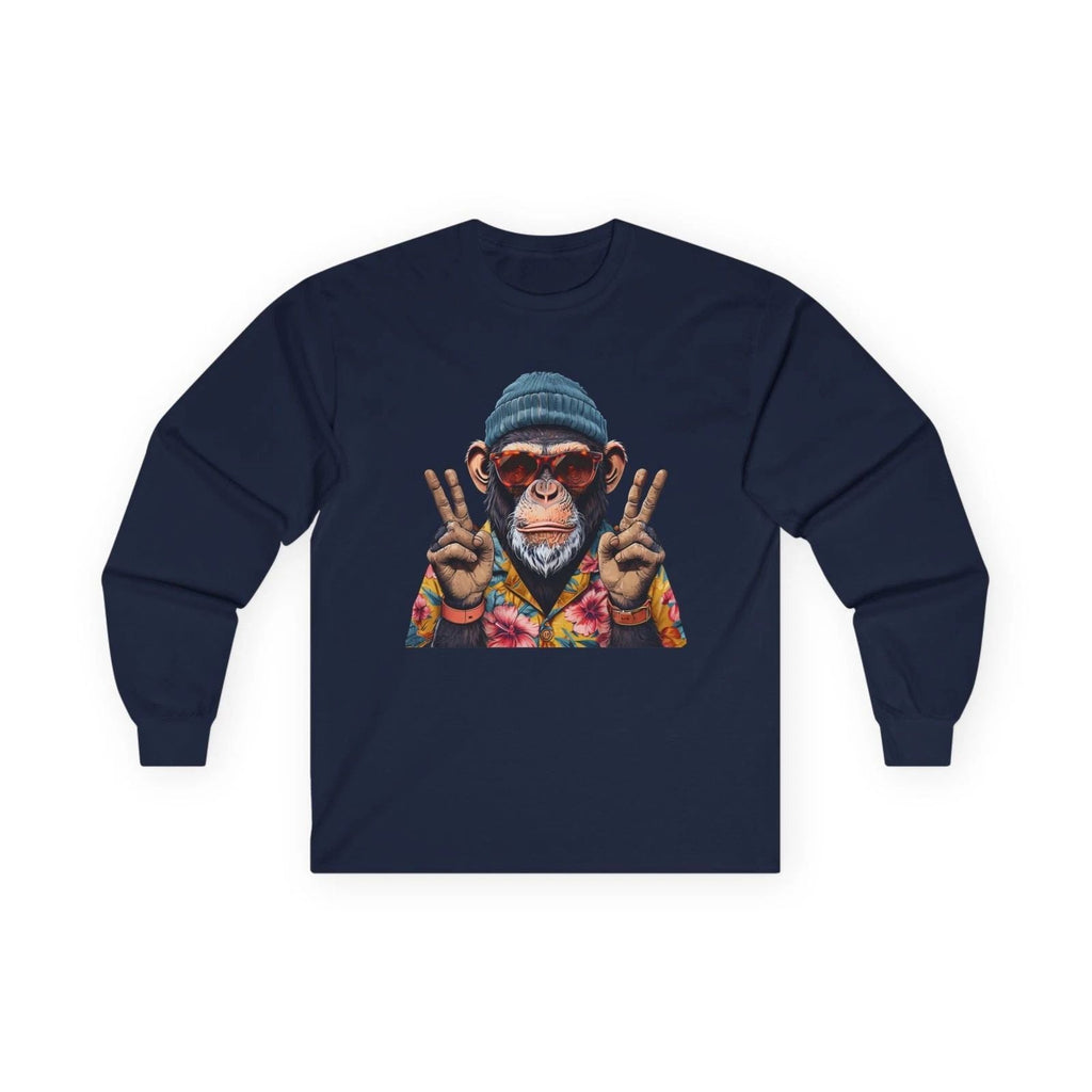Peace Sign Monkey Long Sleeve Tee  Colorful Retro Chimp Graphic Unisex T-shirt, Sweatshirt, Hoodie, Long Sleeve Tee - T-Shirt, Sweatshirt, Hoodie