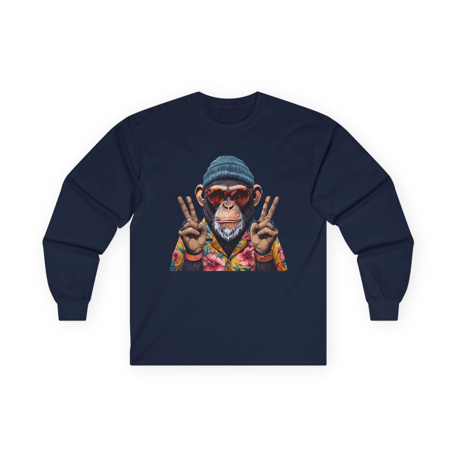 Peace Sign Monkey Long Sleeve Tee  Colorful Retro Chimp Graphic Unisex T-shirt, Sweatshirt, Hoodie, Long Sleeve Tee - T-Shirt, Sweatshirt, Hoodie